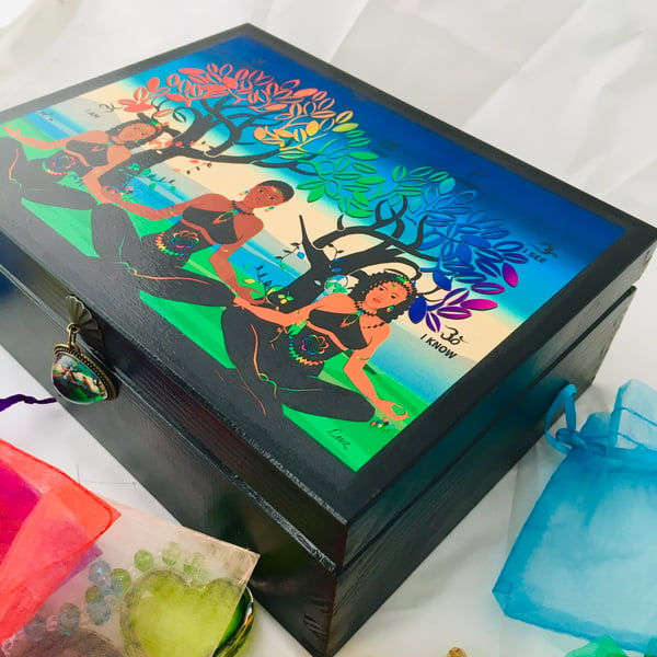 CHAKRA TREE OF LIFE - GEMS and CRYSTAL wooden storage box.