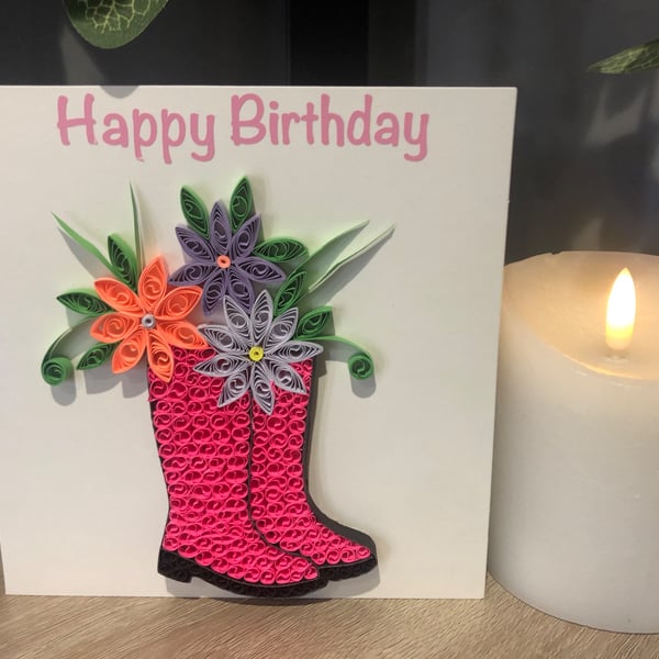 Handmade quilled welly Card