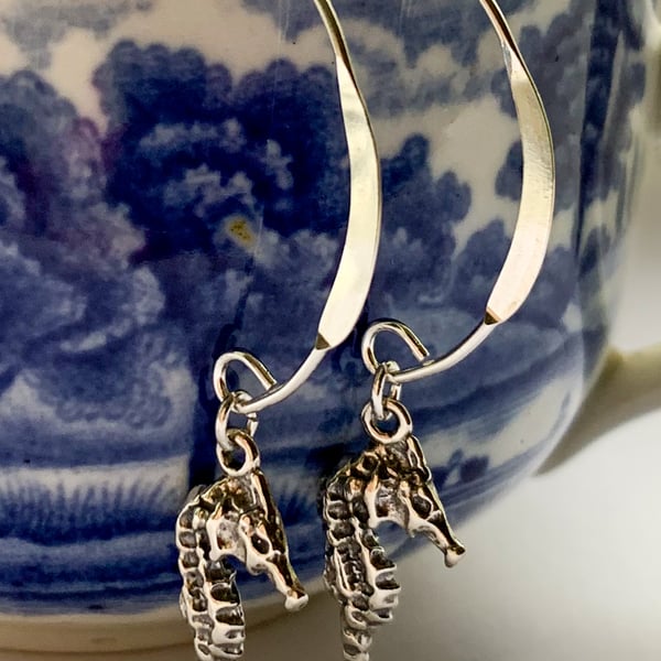 Silver seahorse drop earrings