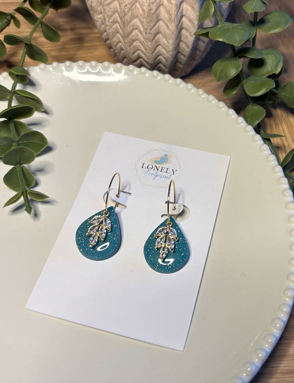 Teal Teardrop and CZ Charm Polymer Clay Earrings - Handmade Jewellery 