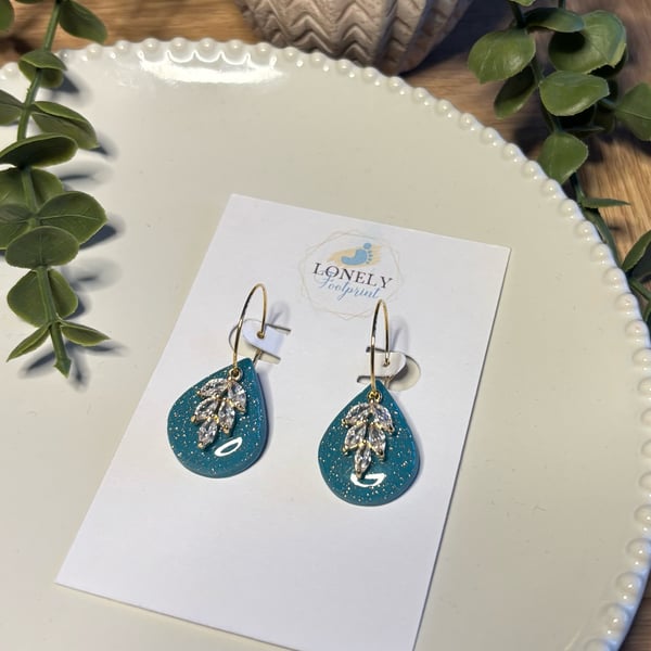 Teal Teardrop and CZ Charm Polymer Clay Earrings - Handmade Jewellery 