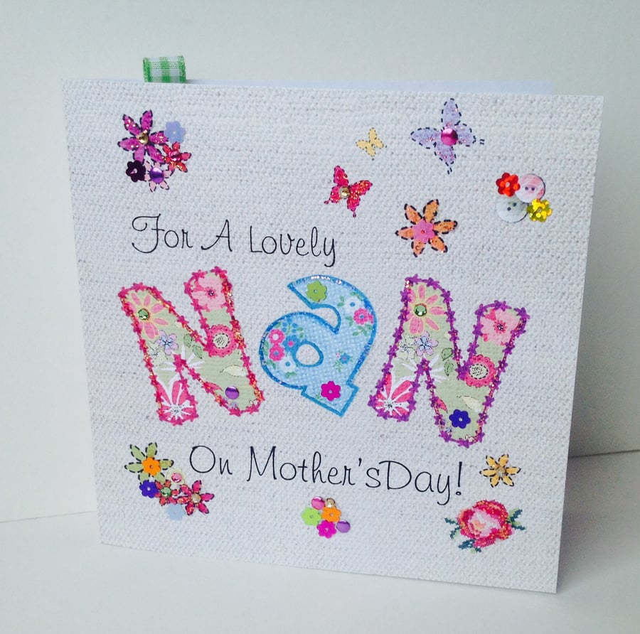 Mothers Day Greeting Card,For 'Nan',Printed Appliqué Design,Handfinished Card