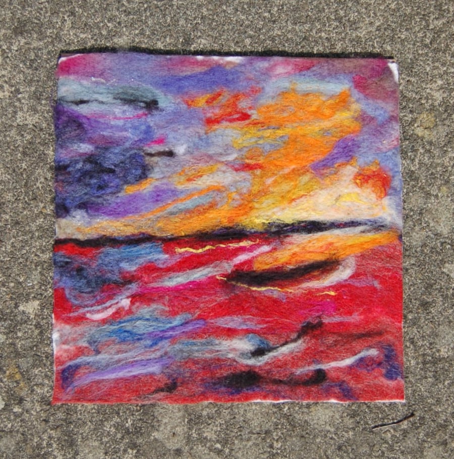 Textile art picture -  Dramatic seascape Sunrise.    Needle felt