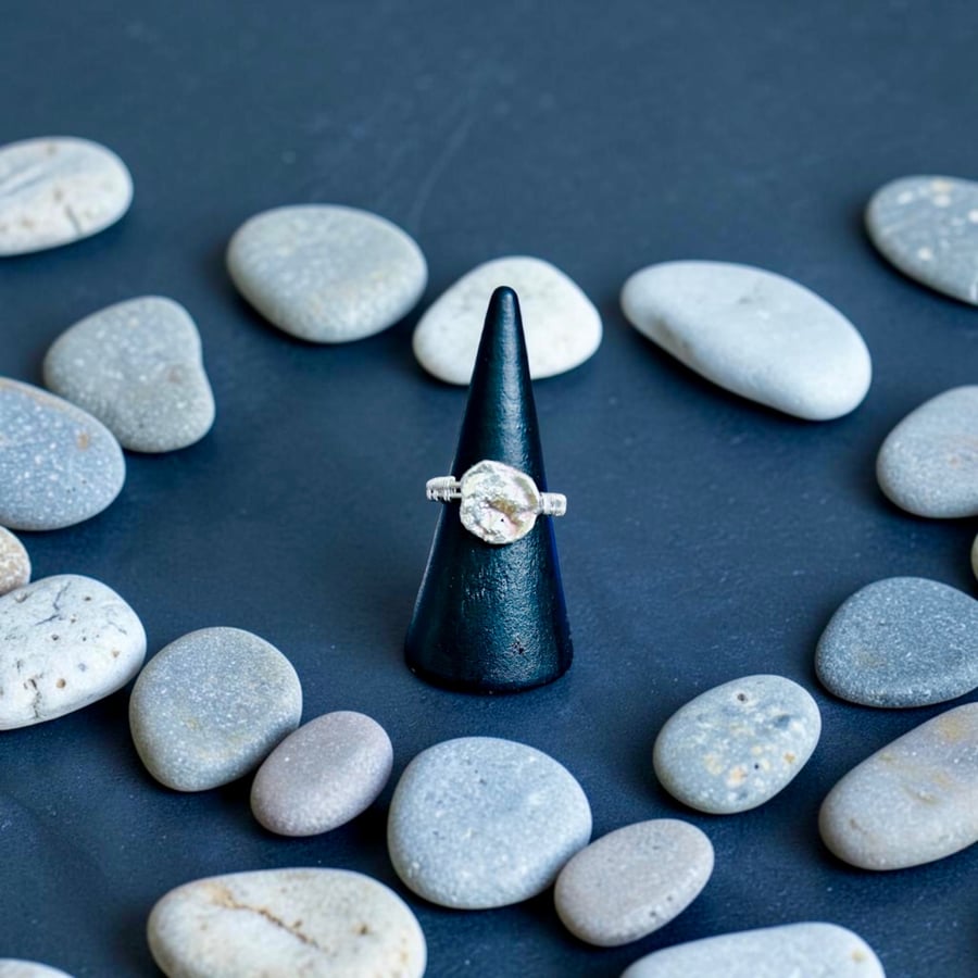 Sterling Silver Water Cast Pebble Ring  - Size L - Gift Boxed