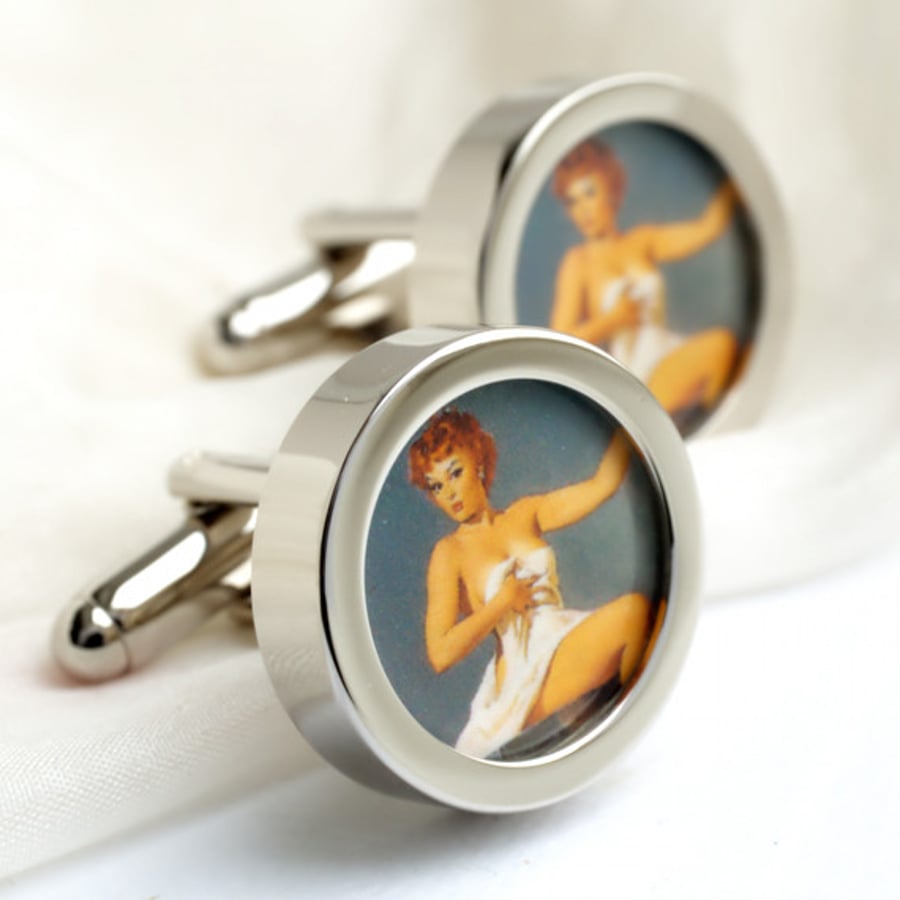Vintage Erotic Nude Pin Up Cufflinks - Nude with a White Sheet