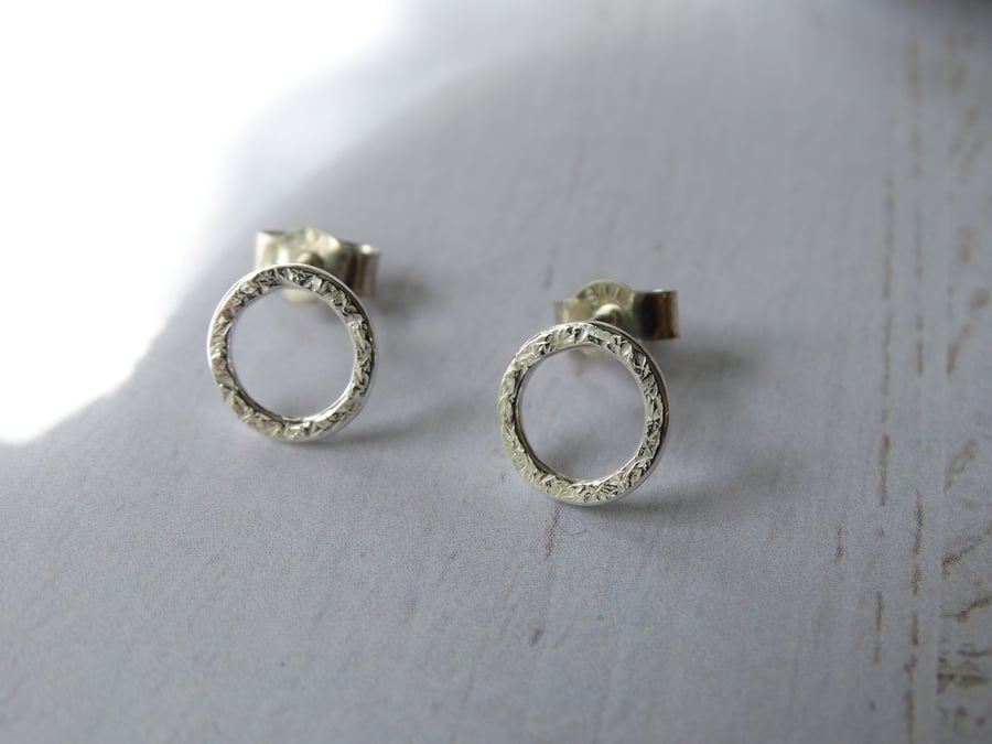 Silver stud earrings - textured silver circle hoop studs - recycled silver