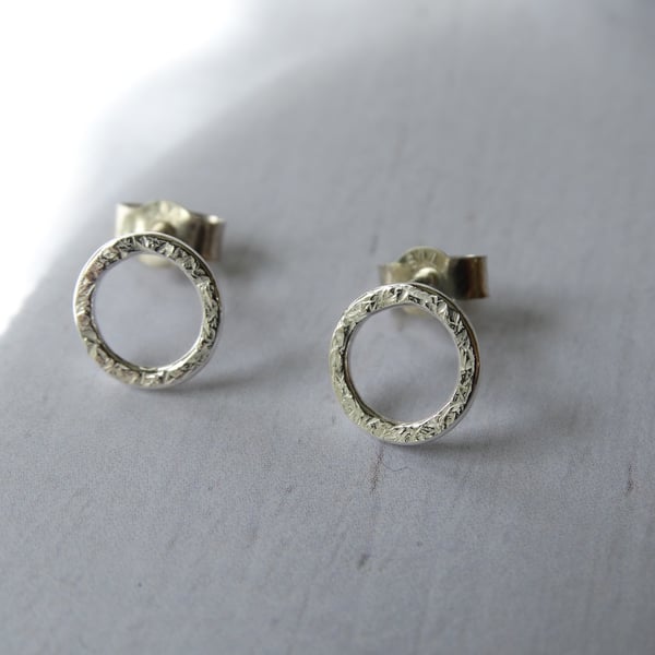 Textured circle stud earrings in recycled silver