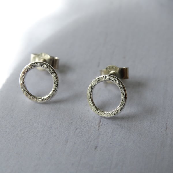 Silver stud earrings - textured silver circle hoop studs - recycled silver