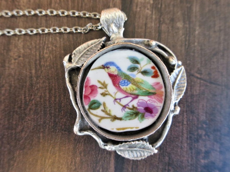 Bird Broken China Pendant Necklace