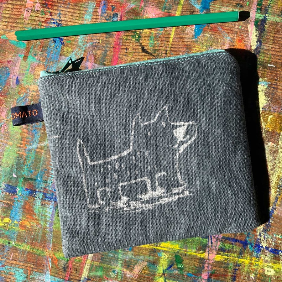 Small grey linen purse with white dog screen print by Jo Brown Happy Tomato 