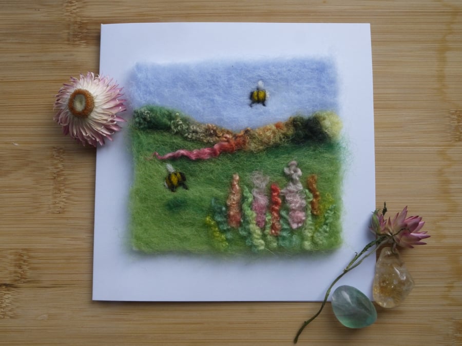 Handmade needle felted Busy Bee's greetings card