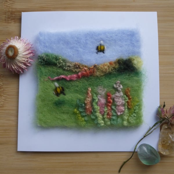 Handmade needle felted Busy Bee's greetings card