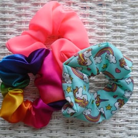 Pack of 3 Hair Scrunchies Rainbow Satin Neon Pink 