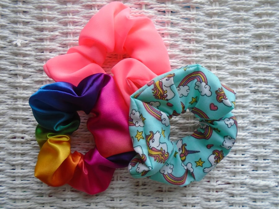 Pack of 3 Hair Scrunchies Rainbow Satin Neon Pink 