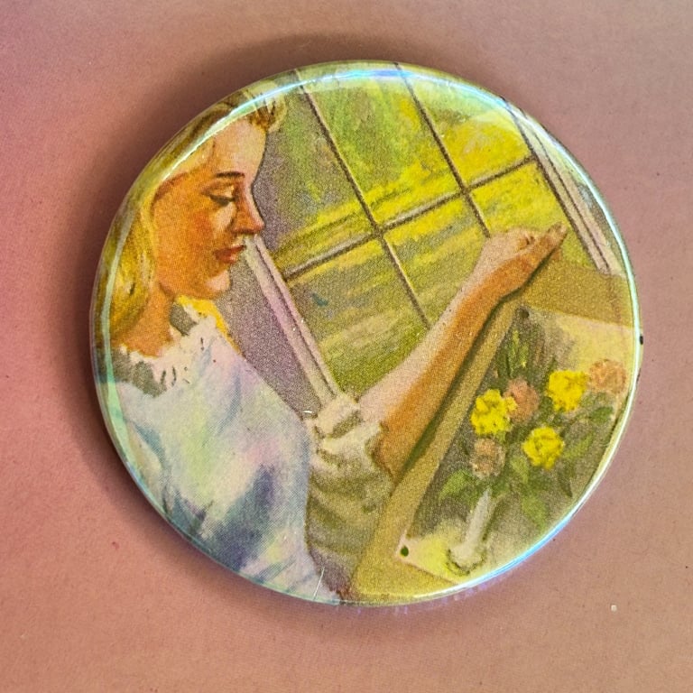 Holographic vintage book pin badge - ladybird woman painting flowers