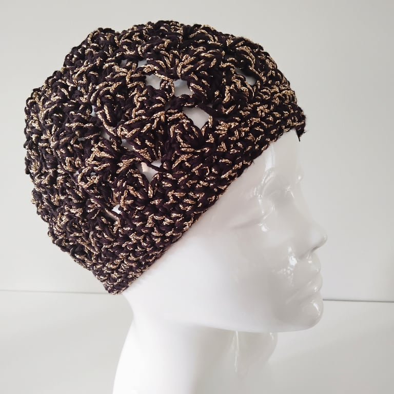 Perfectly Imperfect Chunky Crochet Dark Purple and Gold Beanie