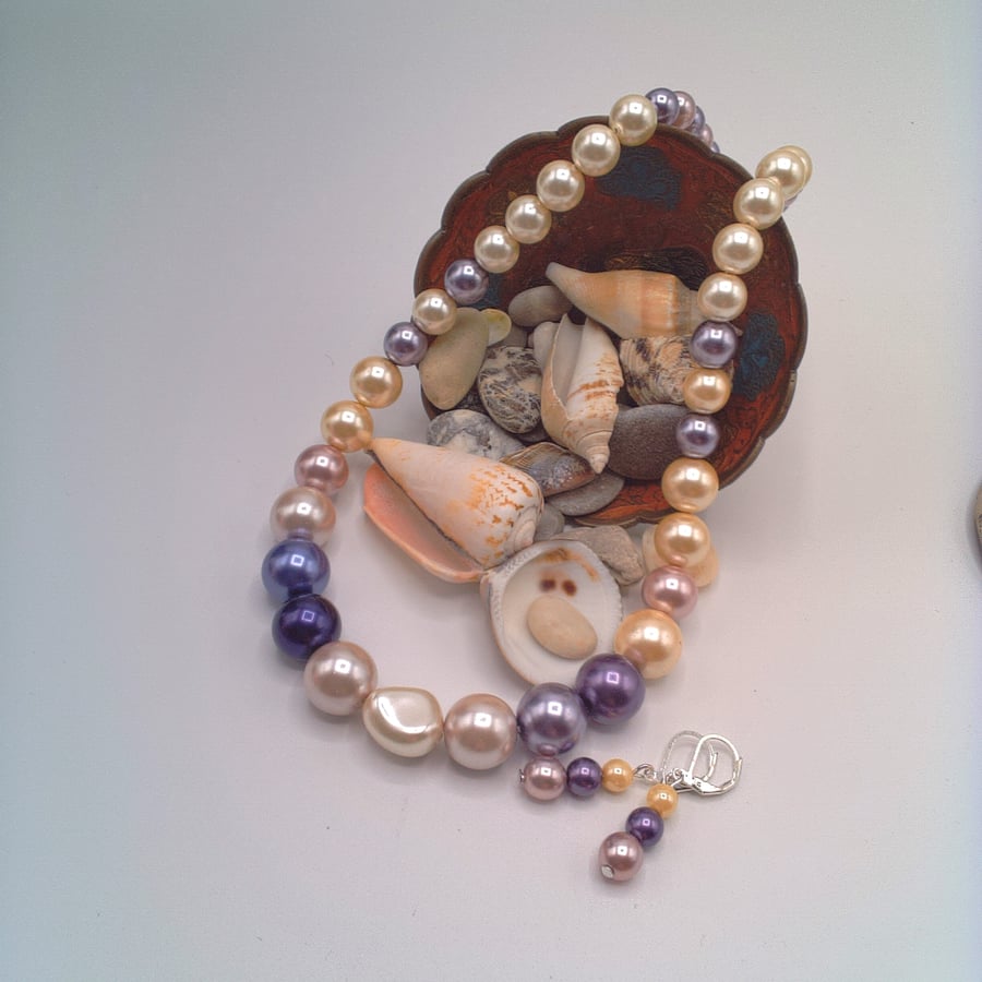 Shades of Purple, Lilac and Cream Pearl Necklace and Earrings Set, Gift for Her