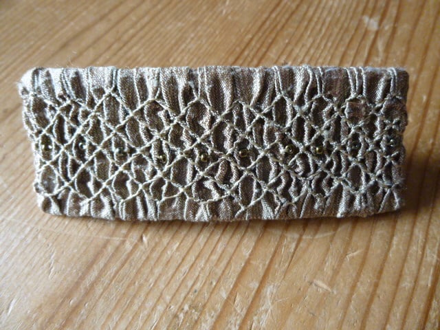 Hand Smocked and Beaded Light Gold Silk Hair Clip, H9