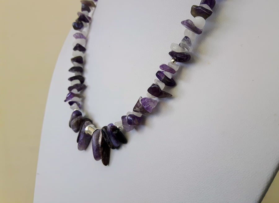 February Birthstone Necklace with Amethyst, Sterling Silver, Quartz and Charoite