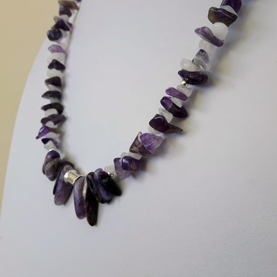 February Birthstone Necklace with Amethyst, Sterling Silver, Quartz and Charoite