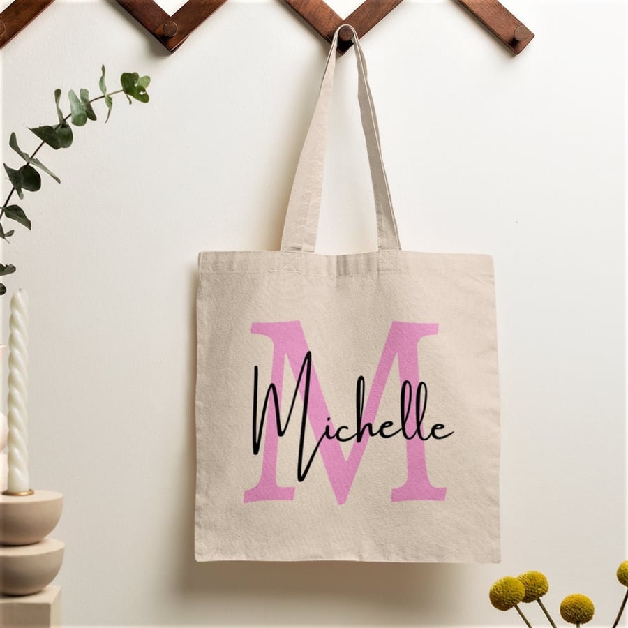 Personalised Name Tote Bag Pink Initial & Name Eco Shopping Bag Custom Name Gift