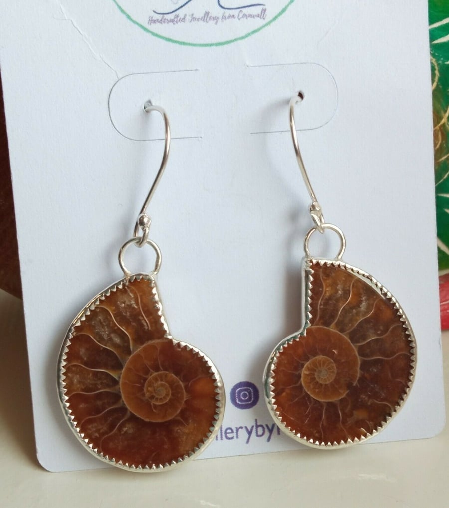 Fine & Sterling Silver Serrated Edge Earrings with Genuine Ammonite Fossils