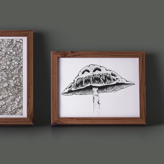 A5 Black and White Print - Handrawn Illustration of the Smiler Mushroom.
