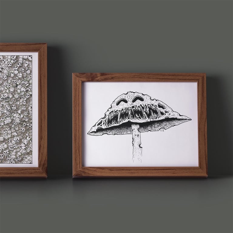 A5 Black and White Print - Handrawn Illustration of the Smiler Mushroom.