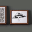 A5 Black and White Print - Handrawn Illustration of the Smiler Mushroom.