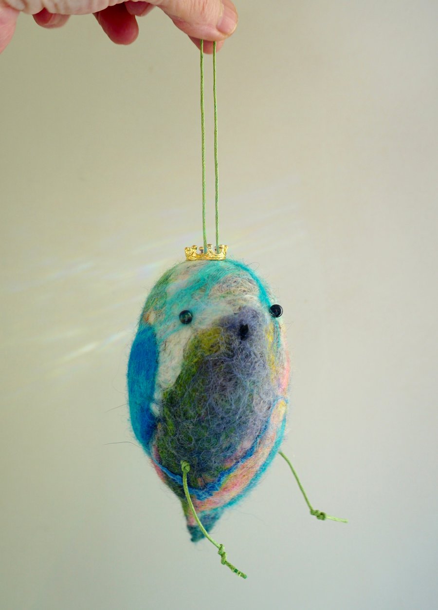 Wet felted Christmas Finch hanging ornament 