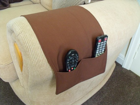 Brown cotton arm chair caddy for all your remote controls, 30 x 10 inches