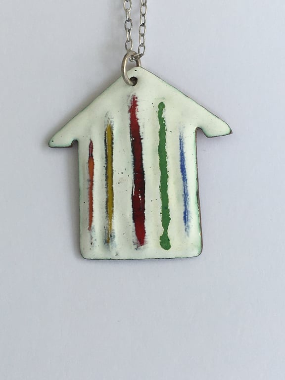 Hand Enamelled Fine Stripe Beach Hut Pendant 