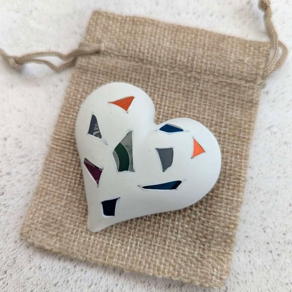 Handmade heart brooch crafted from smooth jesmonite and colour aluminium pieces