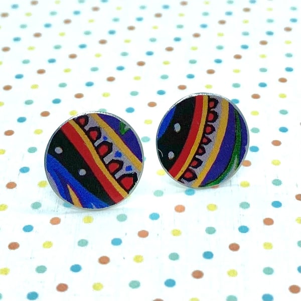 Recycled vintage tin multicoloured patterned circle stud earrings