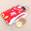 Mini coin purse key ring red with flowers