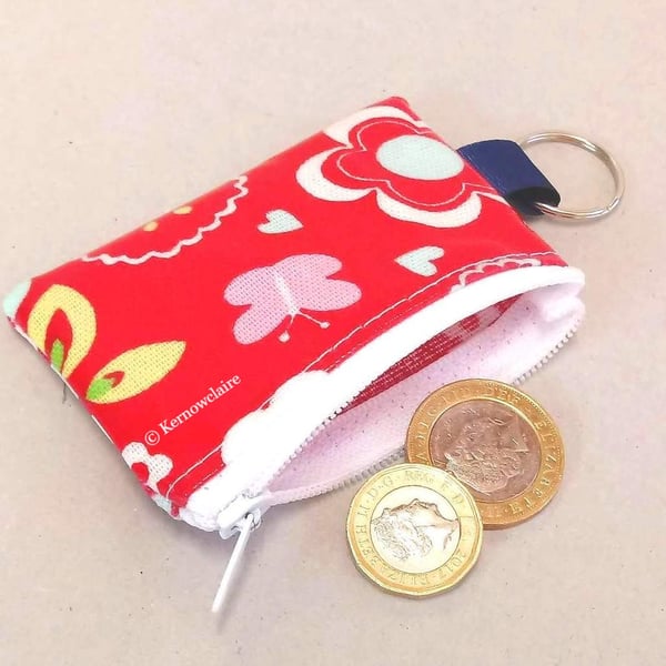 Mini coin purse key ring red with flowers