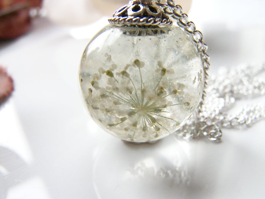 Queen Annes Lace Flower Resin Orb Sphere Necklace, Snowflake