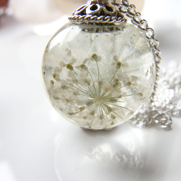 Queen Annes Lace Flower Resin Orb Sphere Necklace, Snowflake