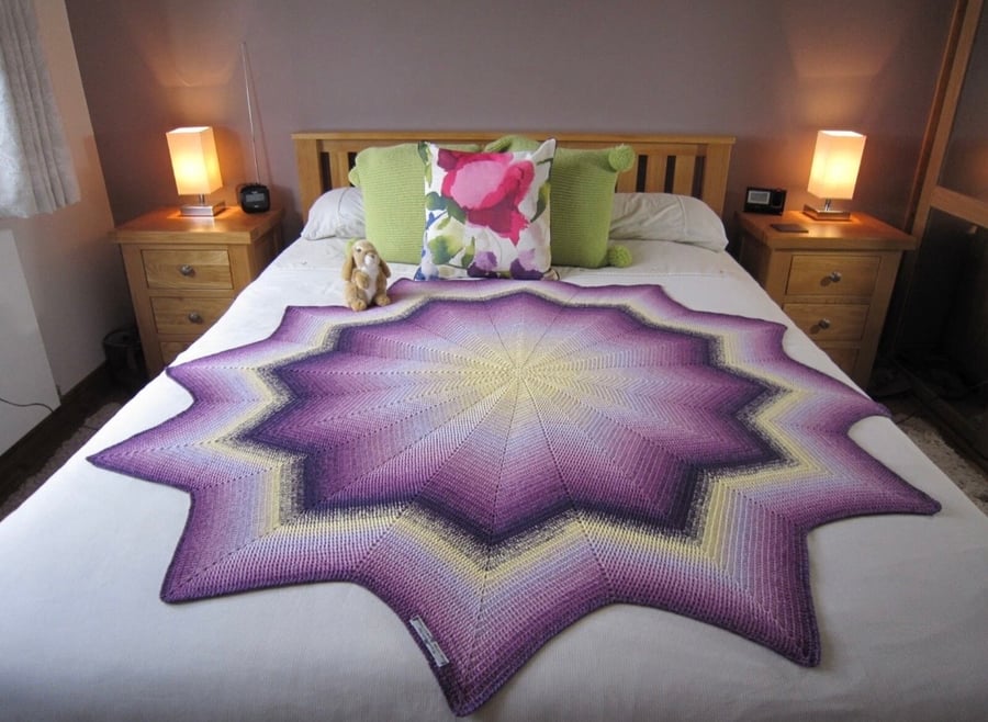Large purple and lemon star shaped sofa throw, bed throw, hand crocheted, gift 