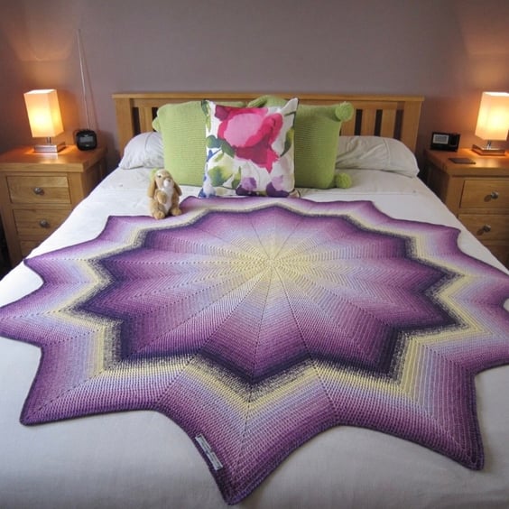 Large purple and lemon star shaped sofa throw, bed throw, hand crocheted, gift 
