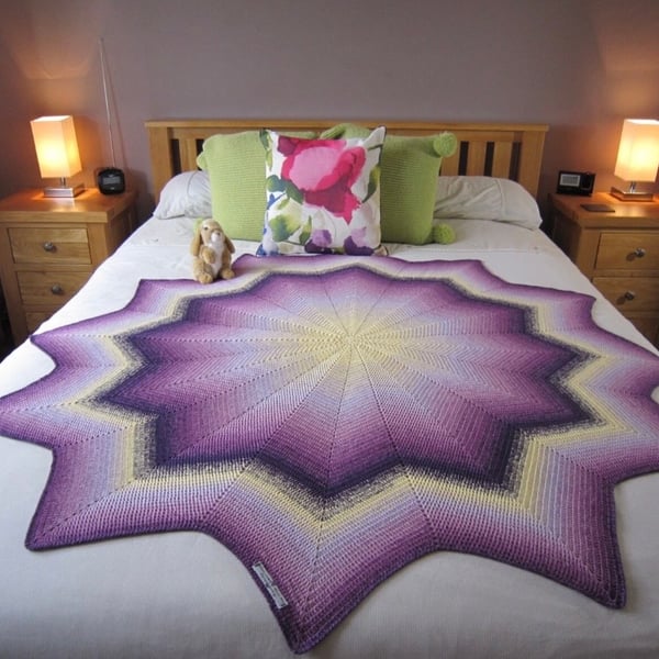 Large purple and lemon star shaped sofa throw, bed throw, hand crocheted, gift 