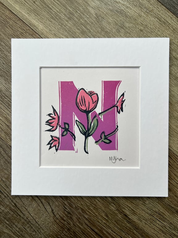 Peony Initial “N” Lino print - graded pink-purple