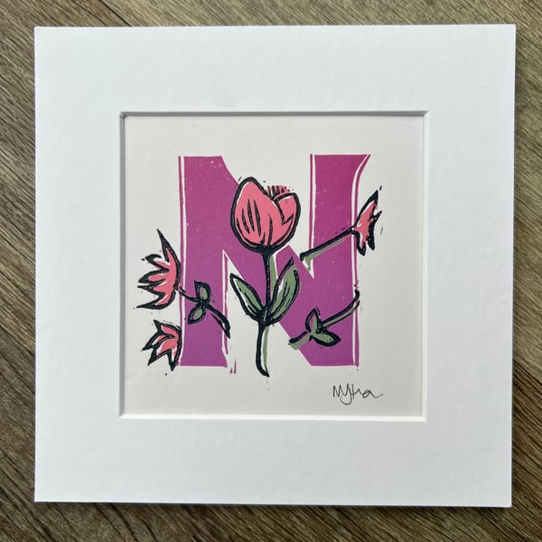 Peony Initial “N” Lino print - graded pink-purple