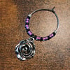 Single Magenta Beaded Wine Glass Charm with Antique Silver Rose Charm Dangle