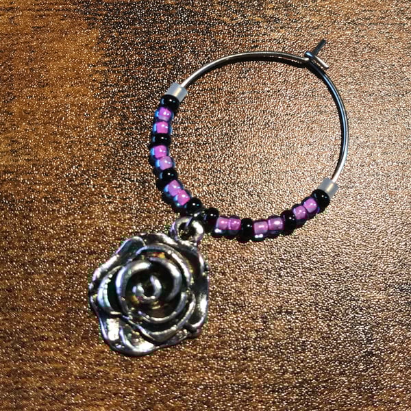 Single Magenta Beaded Wine Glass Charm with Antique Silver Rose Charm Dangle