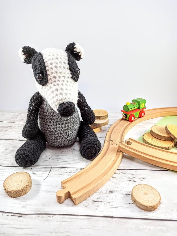 Cuddly Badger crochet soft toy, plush, handmade, plushies softies stuffed woodla