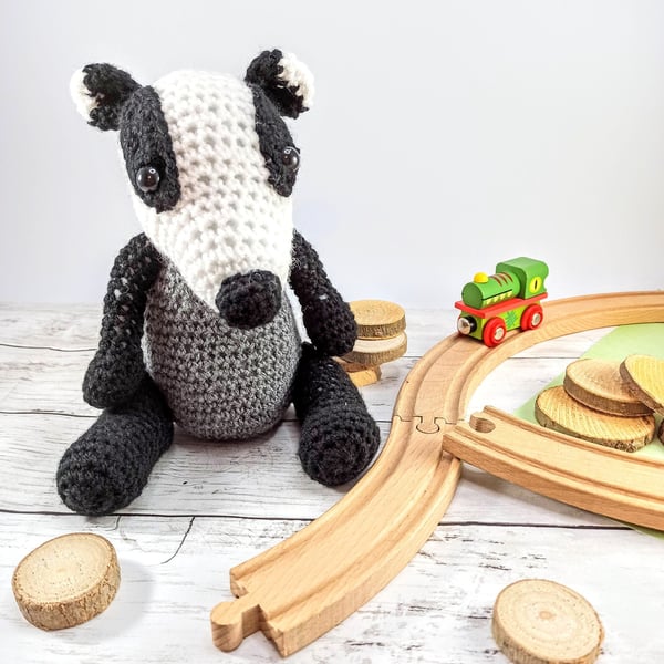 Cuddly Badger crochet soft toy, plush, handmade, plushies softies stuffed woodla