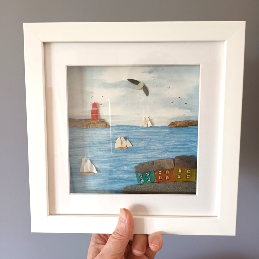 Coastal wall decor, framed wall art, sea glass cottages on harbour wall cornwall