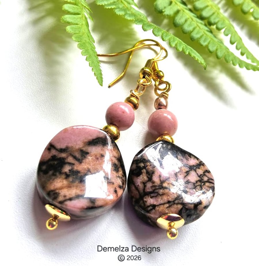 Rhodanite & Rhodochrosite Gold Plate Earrings