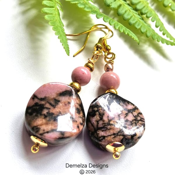 Rhodanite & Rhodochrosite Gold Plate Earrings